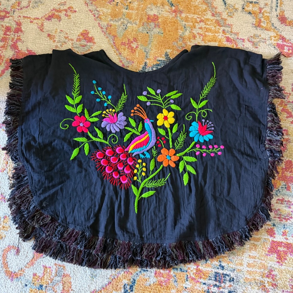 Mexican Embroidered Peacock Floral Fringe Poncho Top Black Cotton Boho One Size